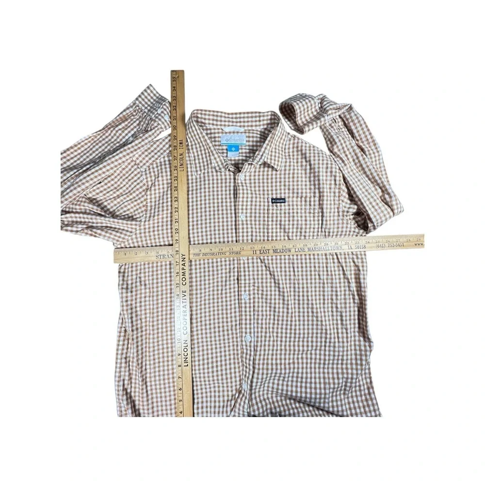 Columbia Mens XL Button Up Tan Brown Plaid Checkered Shirt Grunge Autumn Fall